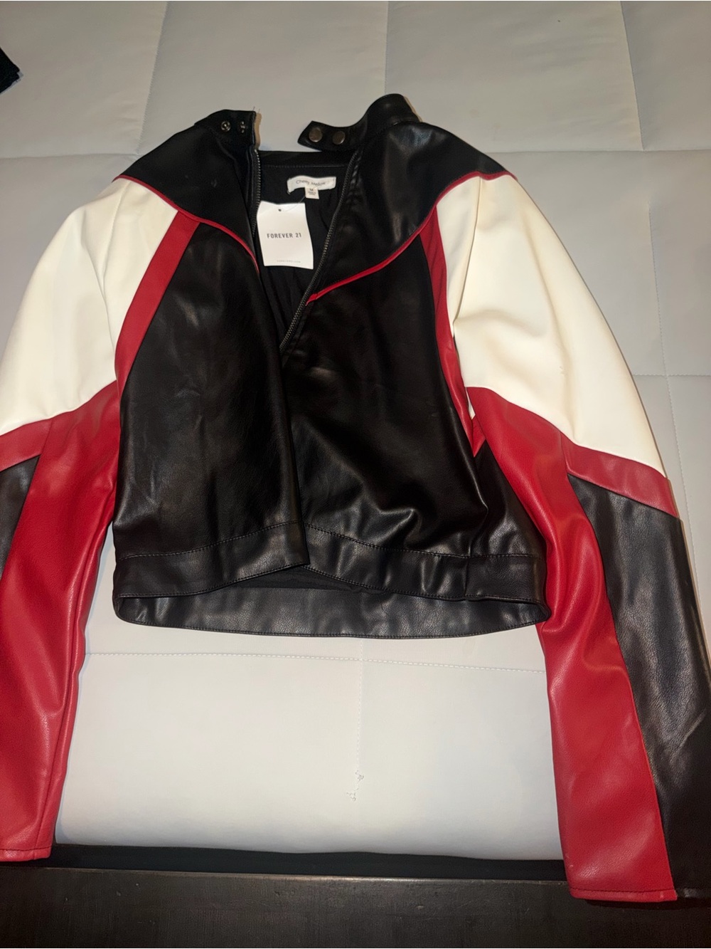 Forever 21 Black, Red & White Faux Leather Moto Jacket